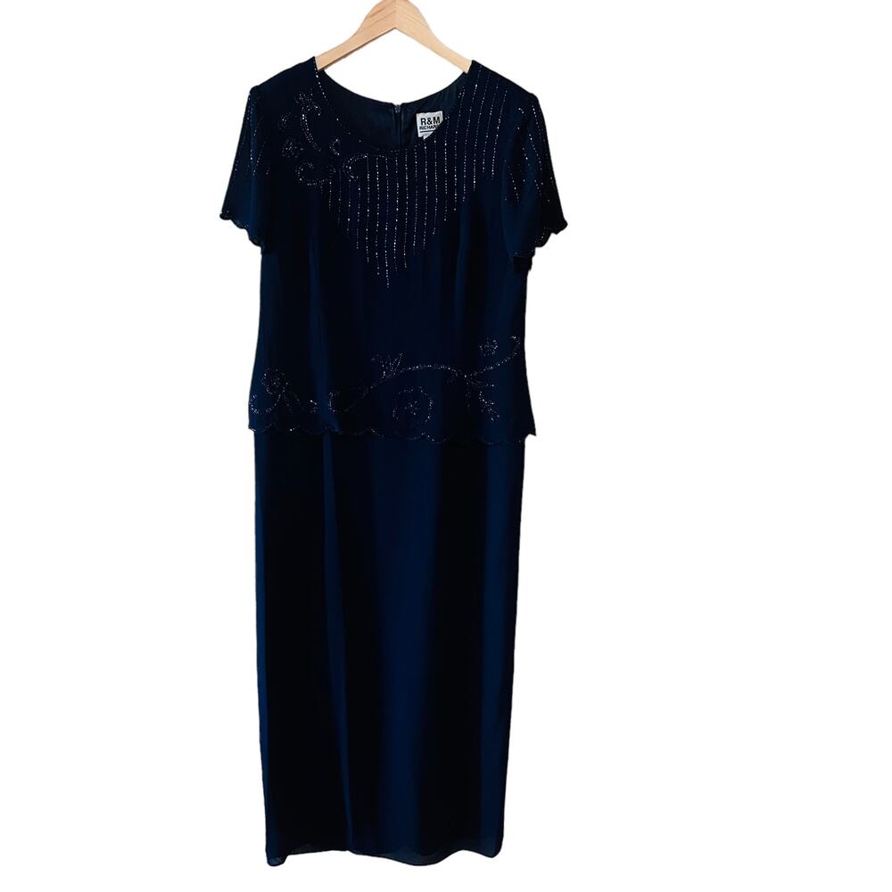 Vintage R&M Richards Navy Beaded Short Sleeves Overlay Maxi Dress Size 14
